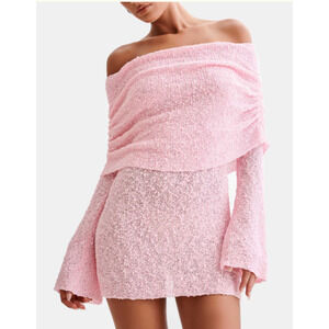 Meshki Marisol Off-Shoulder Boucle Bodycon Mini Dress Baby Pink Women's Size XS